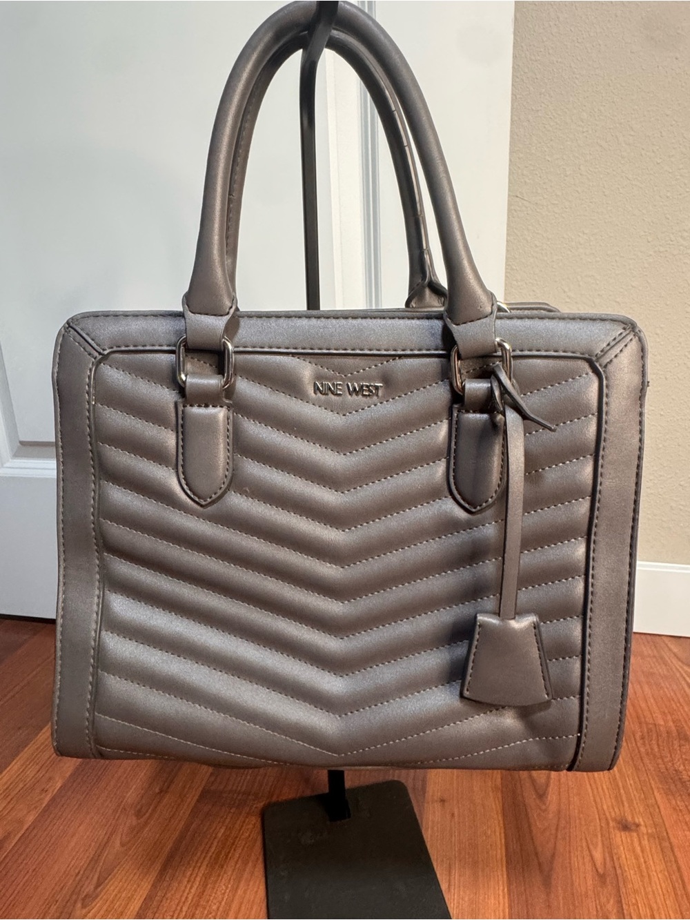Nine West Metallic Pewter Quilted Satchel